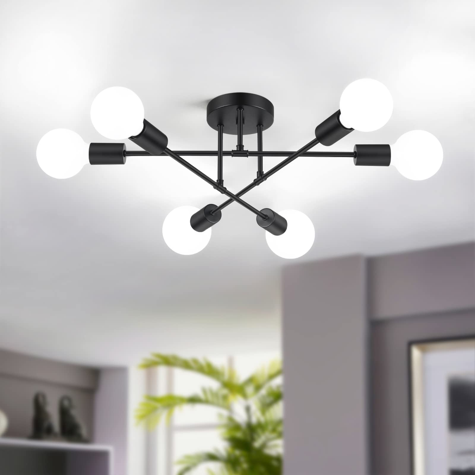 Bosceos Modern Sputnik Chandelier 6-Light Black Metal Ceiling Light Fixture 22in Model JC21821.6