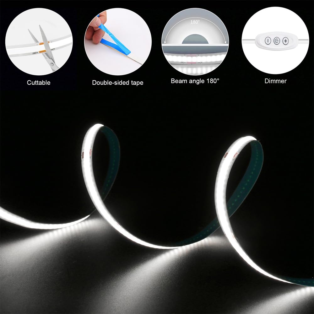 Smacen Usb Powered Cob Led Strip Lights, 6.56Ft Battery Operated 6000K Led Strip Lights, High Brightness Flexible Led Tape Light