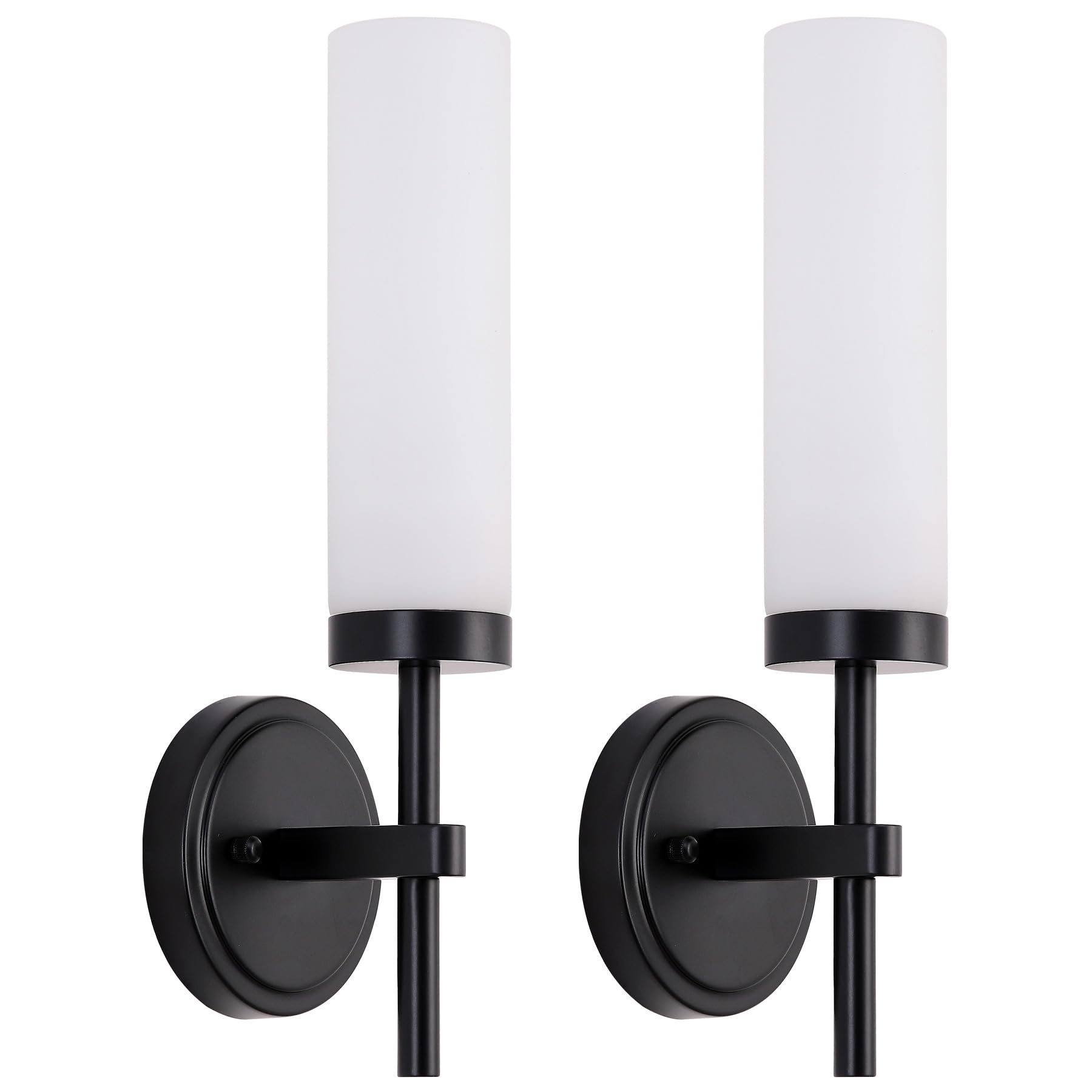 SANTOSTOCK Black Bathroom Wall Sconces Set of 2, Metal Lighting with Opal Glass Shade, Hardwired, Model SSW009BW-2