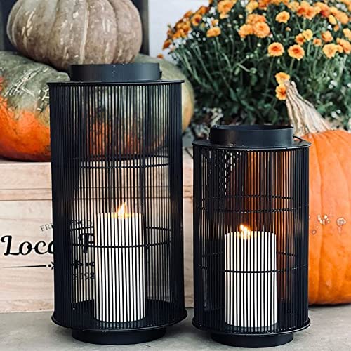 LampLust Outdoor Lantern - 16 Inch Black Metal Candle Lantern, Battery Operated LED with Timer, Waterproof, Modern Farmhouse Decor