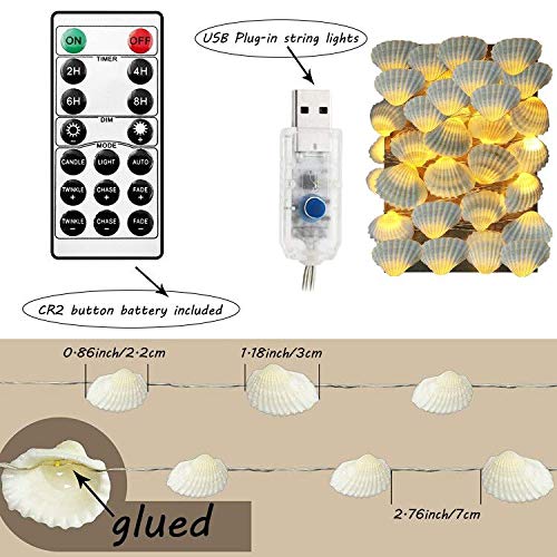 Cynzia 40LED Natural Seashells String Lights, 13.85ft Waterproof Fairy Lights with Remote Control, White, Model C-66