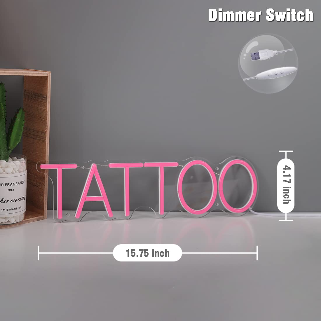 Britrio Neon Sign Light - Pink TATTOO Wall Art Decor for Salon, Studio, Shop - 15.75x4.17 inches, Acrylic, USB Powered with Dimmer