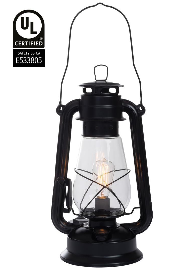 Muskoka Lifestyle Products Rustic Farmhouse Lantern Table Lamp, Dimmable, Glass, Medium Size, Black Finish
