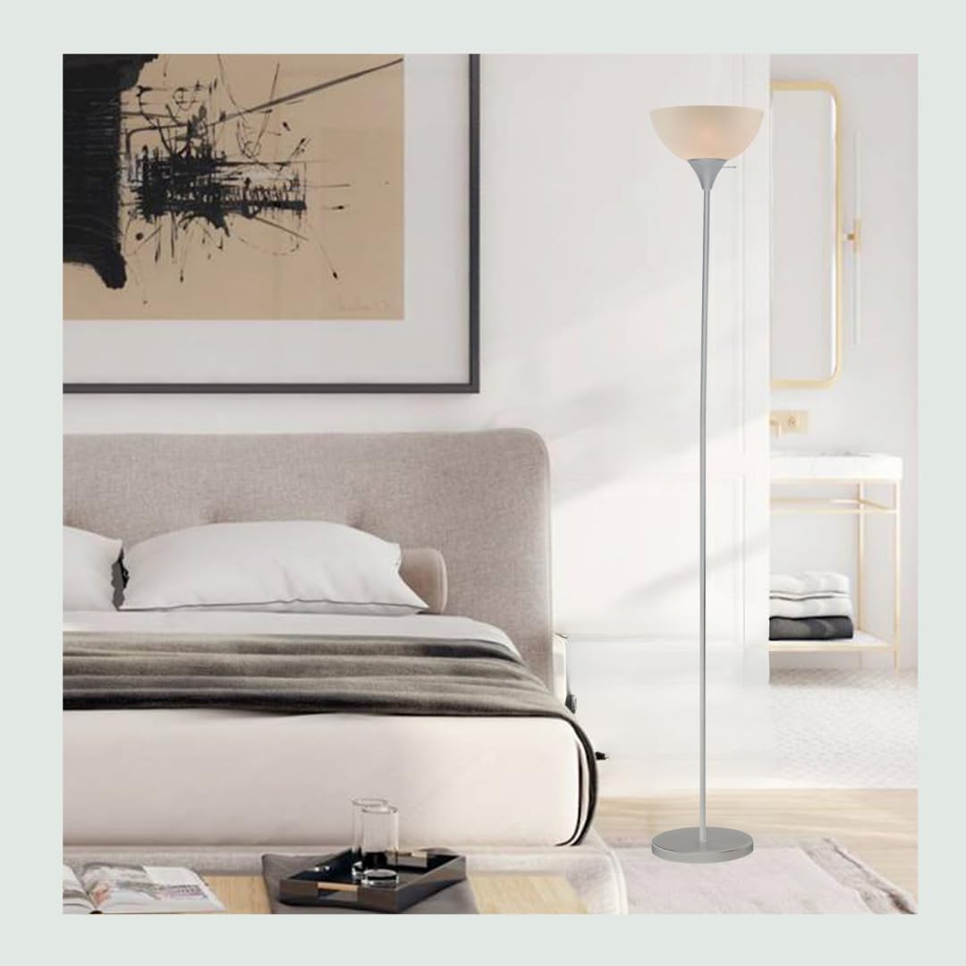 Lightaccents Stand Up Floor Lamp In Silver- Modern Corner Light With White Opal Bowl Shade - Susan Design, Ideal For Living Room