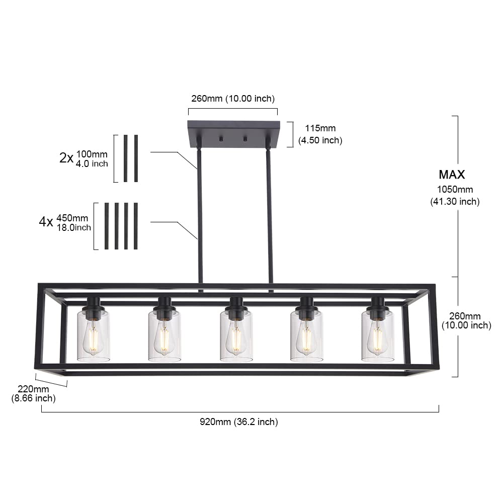 MELUCEE 5-Light Industrial Chandelier, 36.2in Black Metal Pendant Light for Kitchen Island, Farmhouse Style with Clear Glass