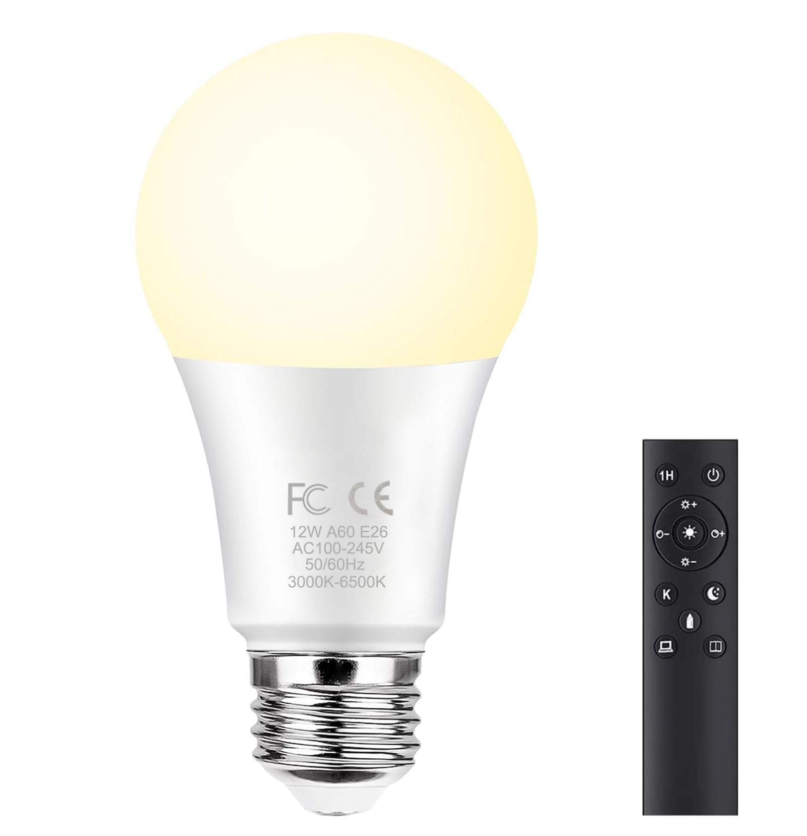 GRV Smart Light Bulb 12W A60, Color Changing, Dimmable 3000-6500K, E26 Base, Includes 1 Bulb & 1 Remote, Plastic