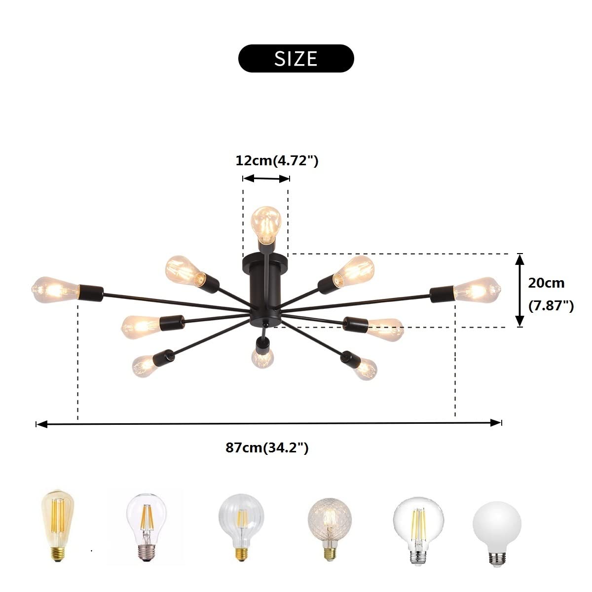 Garwarm Semi Flush Mount Ceiling Light 10-Light Black Sputnik Chandelier Model 8080-10 Metal Fixture for Kitchen Dining Room