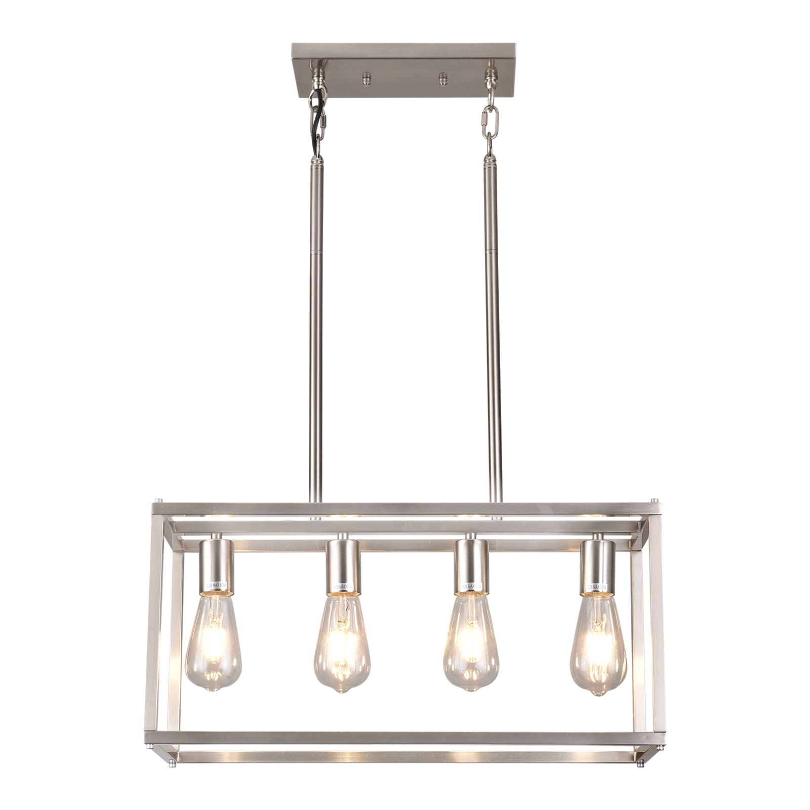Lanhall 4-Light Farmhouse Chandelier, Brushed Nickel Metal, Adjustable Height, Rectangular Design