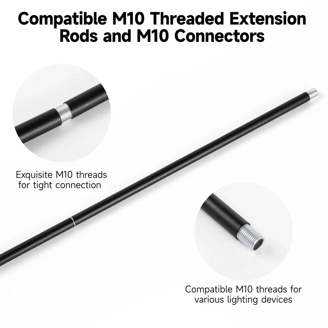 Lnrueg Threaded Extension Rods, 12-Inch Black, 10 PCS for Pendant Lights & Chandeliers