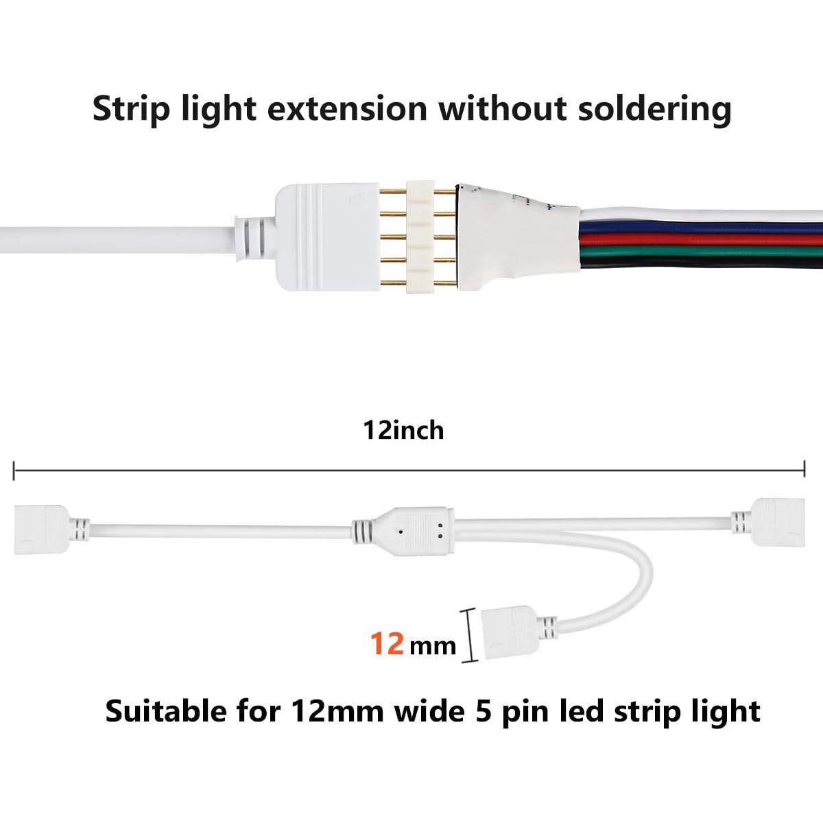 SUPERNIGHT 5-Pin LED Strip Splitter Connector Y-Splitter Cables for 12mm 5050 3528 RGBW Light Strip, 2-Pack