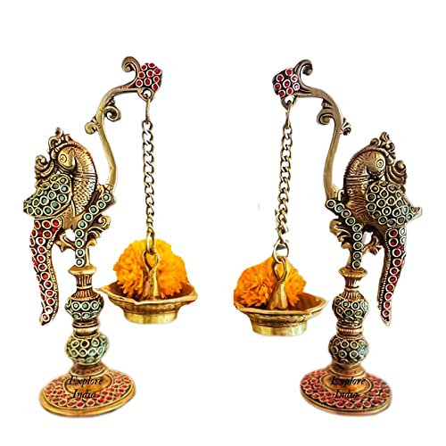 Brass Parrot Diya Oil Lamp Chain Multi Gemstone Work | Home & Office Decor | Gifting Idol, Housewarming etc | Bird Design Diya S