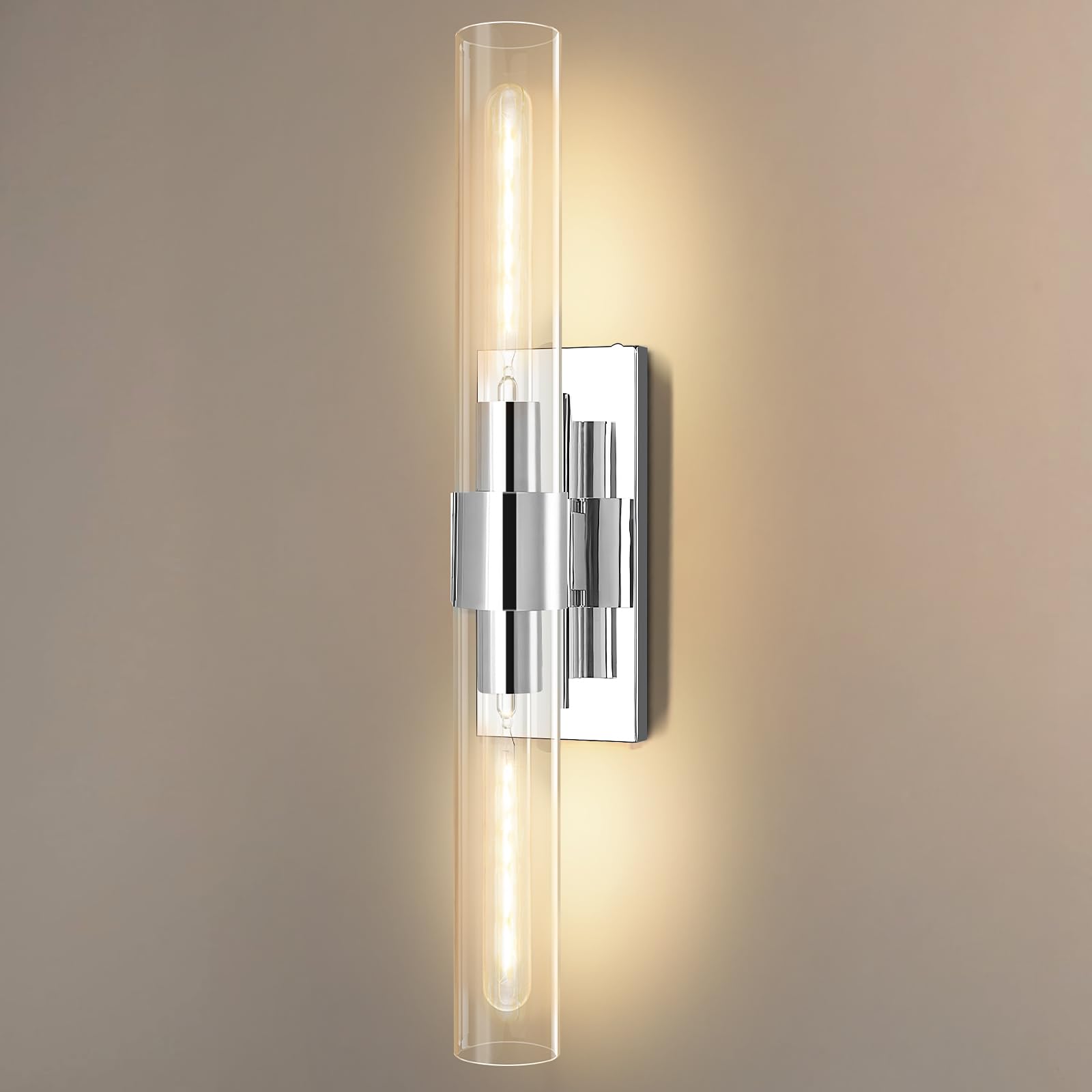 Vookea Wall Sconces Set of 2  22.8 Chrome Bathroom Sconces  Indoor Sconces Lighting with Glass  Nickel Vanity Lights with Tube  Dimmable Bedroom Bedside Wall Light for Dressing Table Staircase
