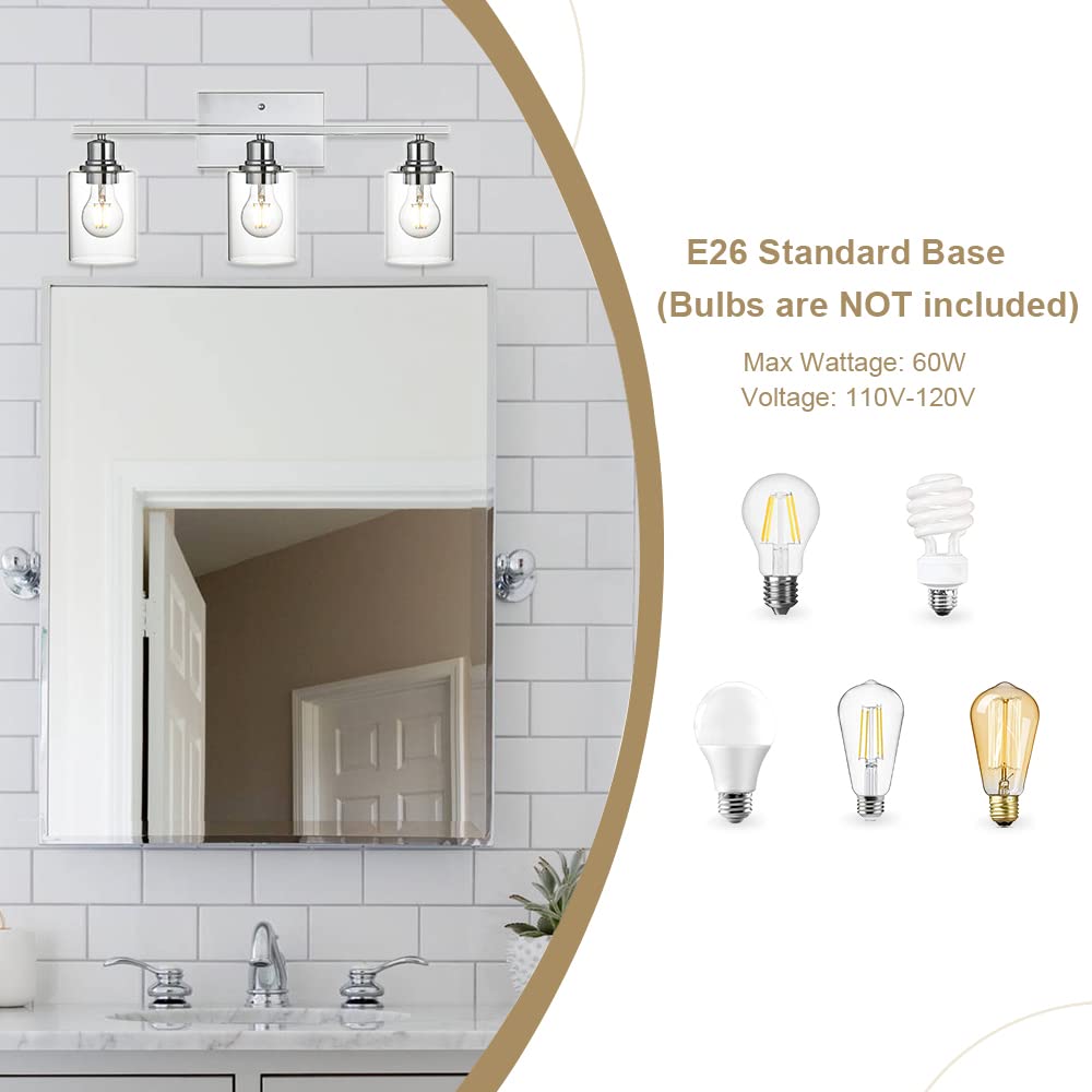 VINLUZ 3 Light Wall Light Fixture - Chrome Finish, Clear Glass Shade, Wall Mounted Lamp for Bathroom and Hallway