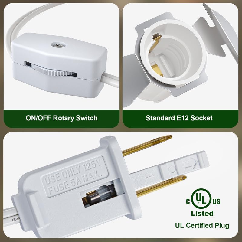 SURAIELEC 9ft Christmas Village Light Cord with 3 LED Bulbs, C7, White, UL Listed, End to End Connection
