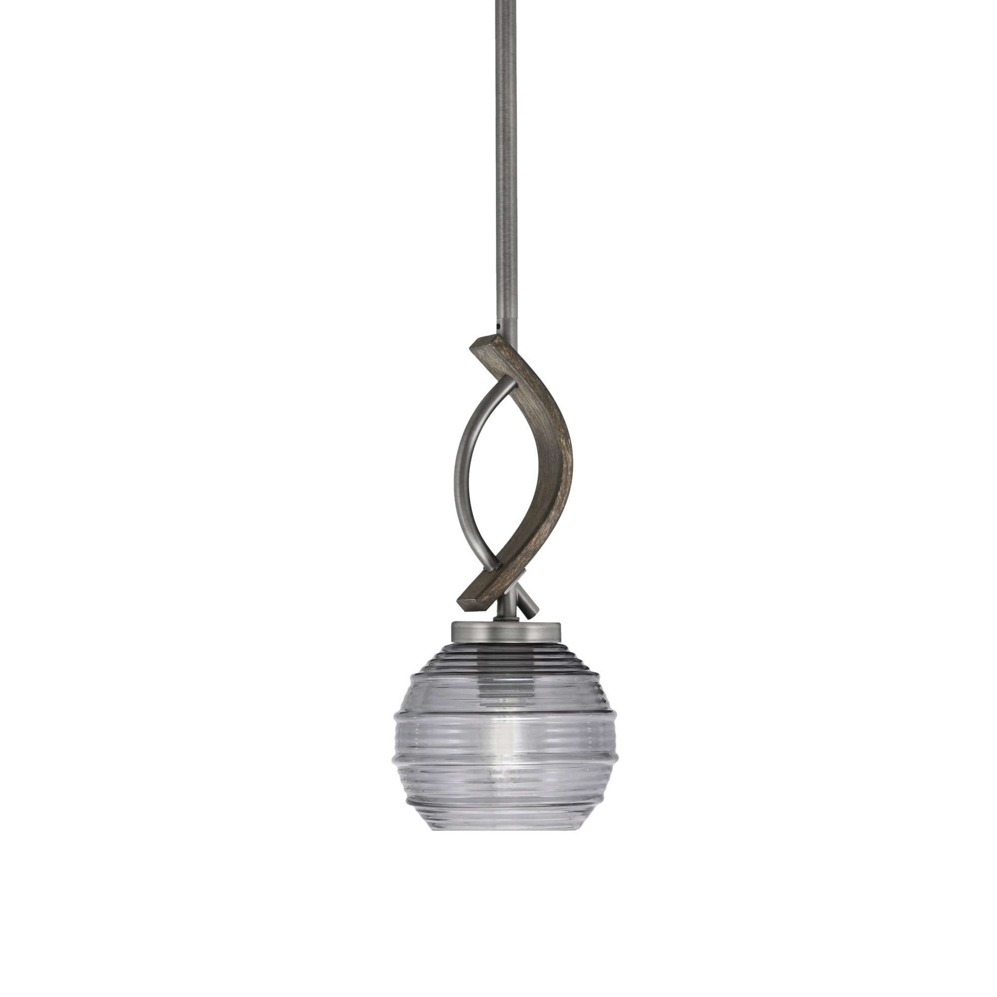 Toltec Lighting Monterey Mini Pendant, Graphite Finish, Distressed Wood-Look, 6in Smoke Ribbed Glass