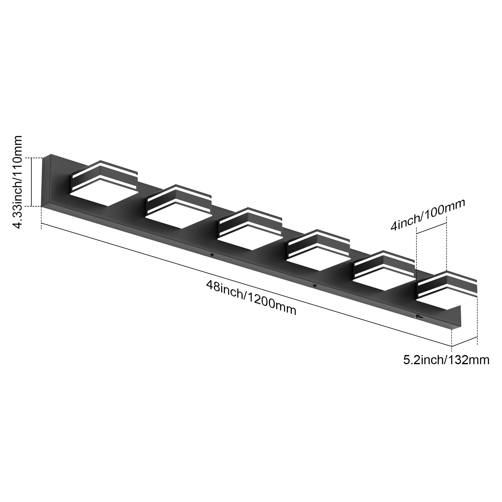 Ralbay 48Inch Black Bathroom Vanity Light With 5 Color Temperatures (3000K-6000K) Dimmable Metal Acrylic Modern Led Matte Black Bathroom Lighting Over Mirror (6-Light)