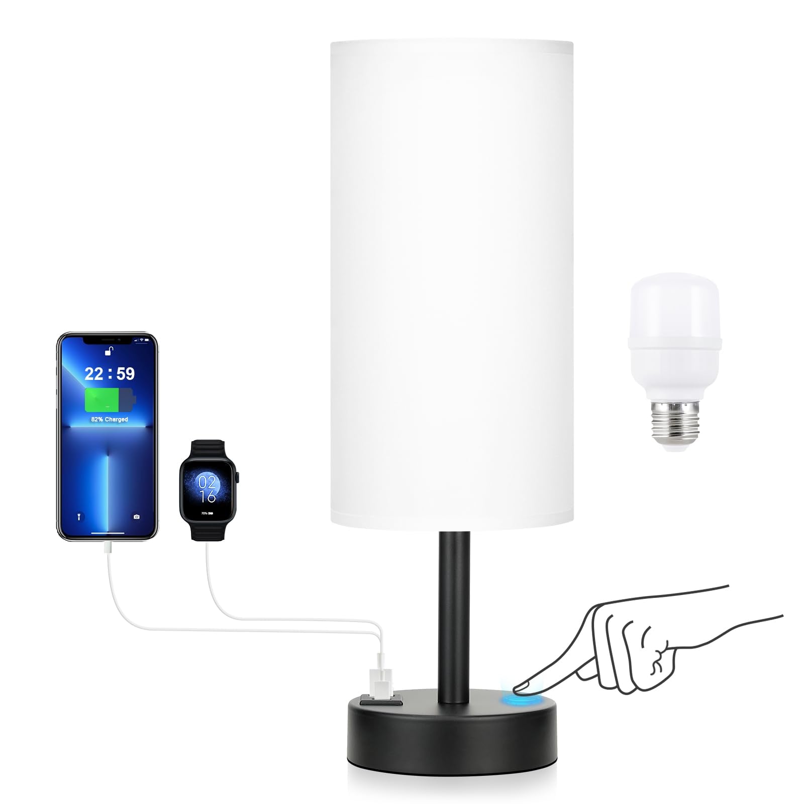 Bedside Touch Table Lamps for Bedroom Nightstand with USB-C USB-A Charging Ports White, 3 Way Dimmable Small Lamp Fabric Shade B