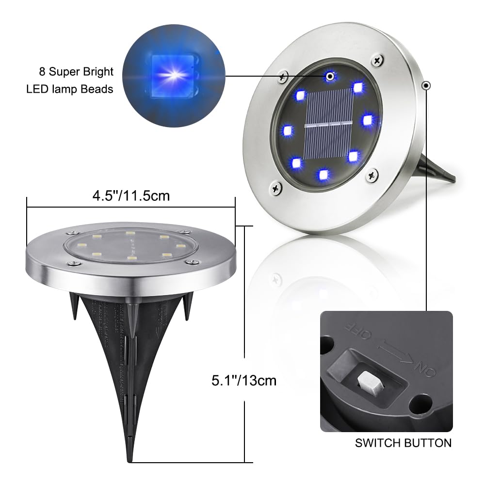 LYHOPE Solar Ground Lights Outdoor, 16 Pack 8 LED Solar Disk Lights Waterproof Garden In-ground Pathway Lights Landscape Lightin
