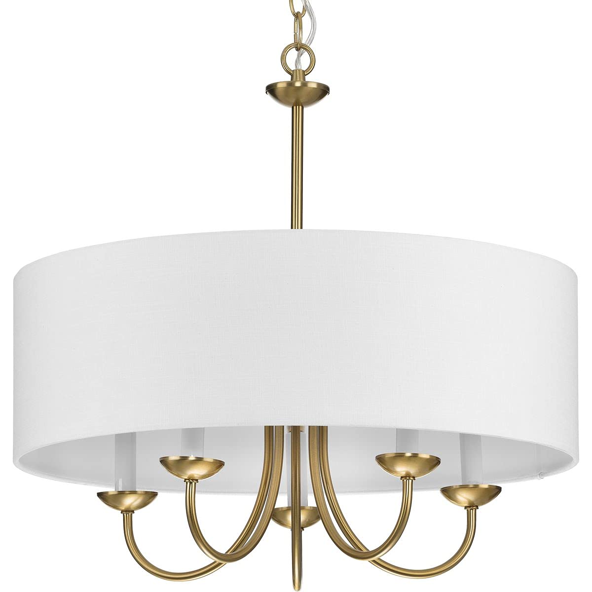 Progress Lighting Drum Shade Collection 5-Light White Fabric Shade New Traditional Chandelier Light Brushed Bronze