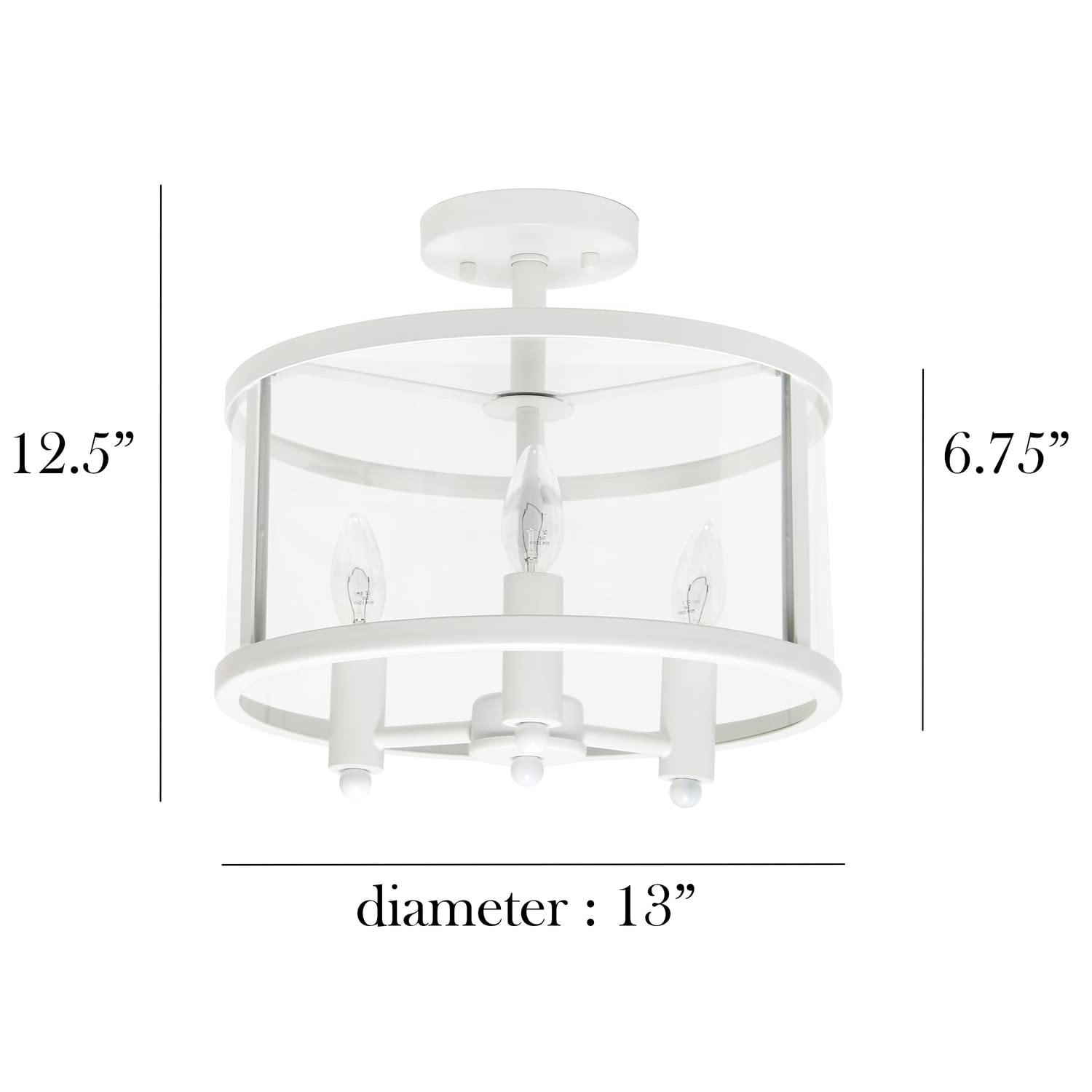 Elegant Designs FM1005-WHT 3-Light Semi-Flushmount Ceiling Light, 13in Iron & Glass, Matte White, Traditional Farmhouse Style