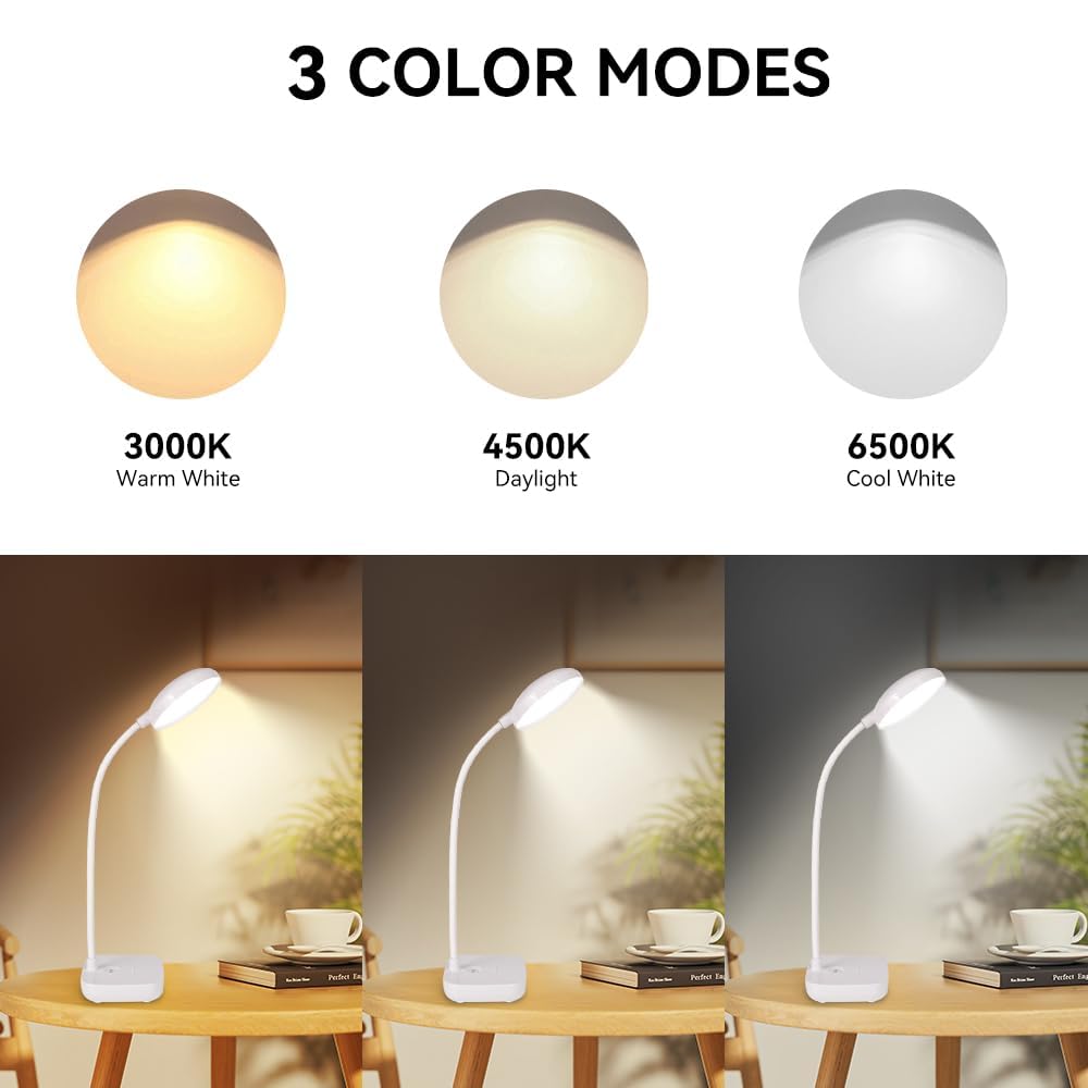 Small Battery Powered Desk Lamp,Wireless Portable Reading & Office Lamp,400Lm Rechargeable Led Light,3 Colors (White/Warm White/