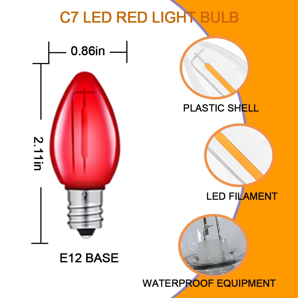 Neteha 25 Pack C7 Red Led Replacement Christmas Light Bulb, C7 E12 Base 120V Waterproof Led Bulbs For Christmas Outdoor String L