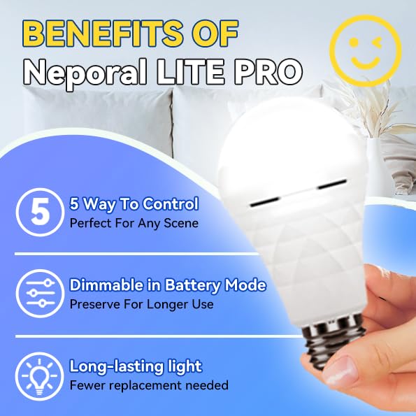 Neporal Rechargeable Light Bulbs, 2600mAh Battery Backup, E26/E27, White, 4 Count, Emergency Lights for Home