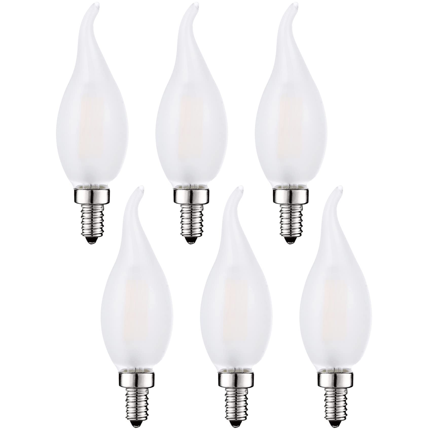 Frosted Led Candelabra Bulbs 60 Watt Flame Tip Chandelier Light Bulb, 6W Smooth Dimmable 3000K Soft White Frosted Glass With E12