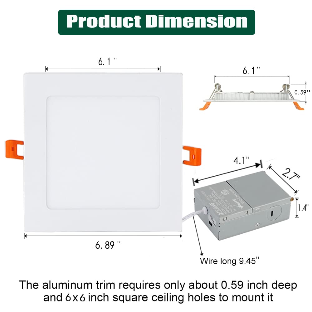 Qibang 3Cct 6 Pack 6 Inch Square Led Recessed Lights Dimmable Canless Wafer Downlight With J-Box,3000K/4000K/6000K Selectable,11