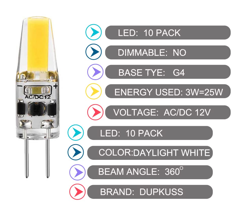 Dopkuss G4 Led Light Bulbs 6000K Daylight White Lighting, 3W Equivalent To 30W Ac Dc 12V-24V, Bi-Pin Led Bulb Silicone G4 Led Bu