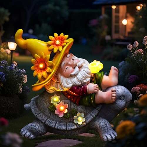 Cffownug Christmas Garden Gnomes Outdoor Decor: Funny Sunflower Gnome Sitting On Turtle With Solar Lights Outside Decoration For Lawn Yard Patio Garden Gifts For Women