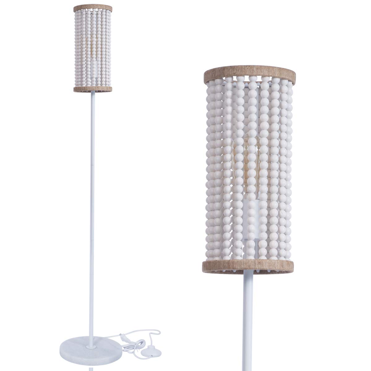 Viluxy Bohemia Boho Floor Lamp With White Wood Beaded Shade For Bedroom, Living Room, Girl Room