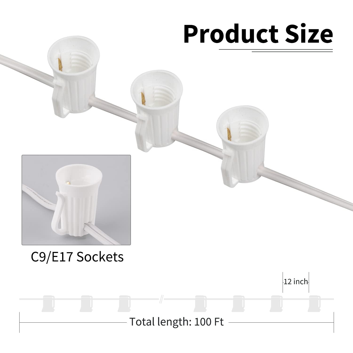 Brightown C9 Light Strand Set 200 Ft For E17 Socket -12'' Spacing, Outdoor String Light Christmas Stringer With 100 Sockets 2Pac