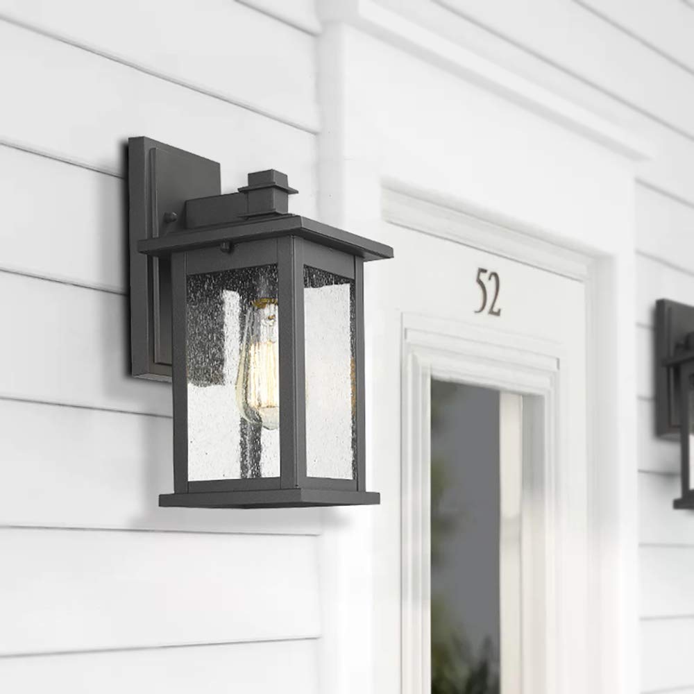 Emliviar 1-Light Outdoor Wall Sconce, Black Lantern With Clear Seeded Glass, Medium Size
