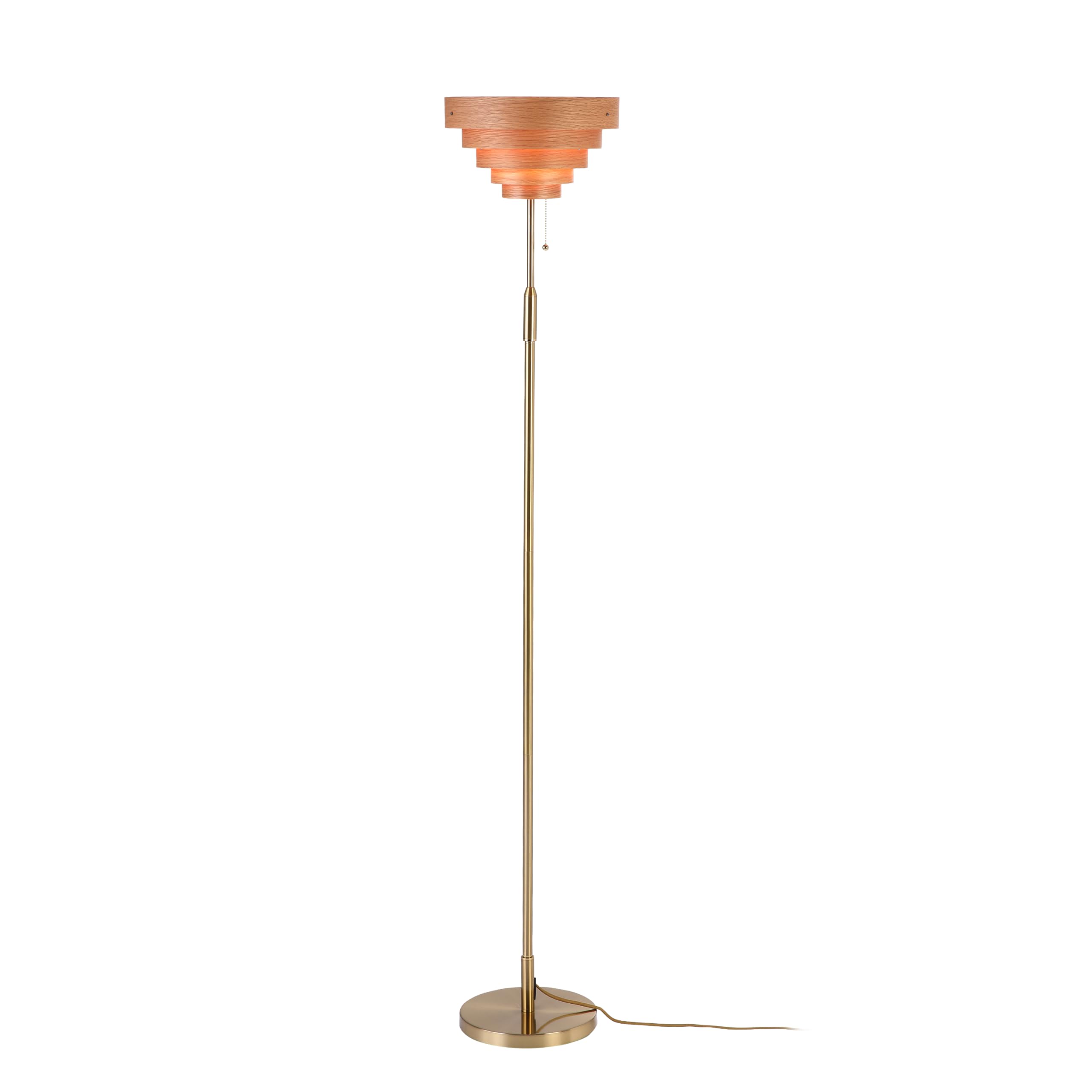 OBright Cascade Floor Lamp - Modern Wooden Lampshade, E26 Socket, Pull Chain Switch, Metal Base, Antique Brass