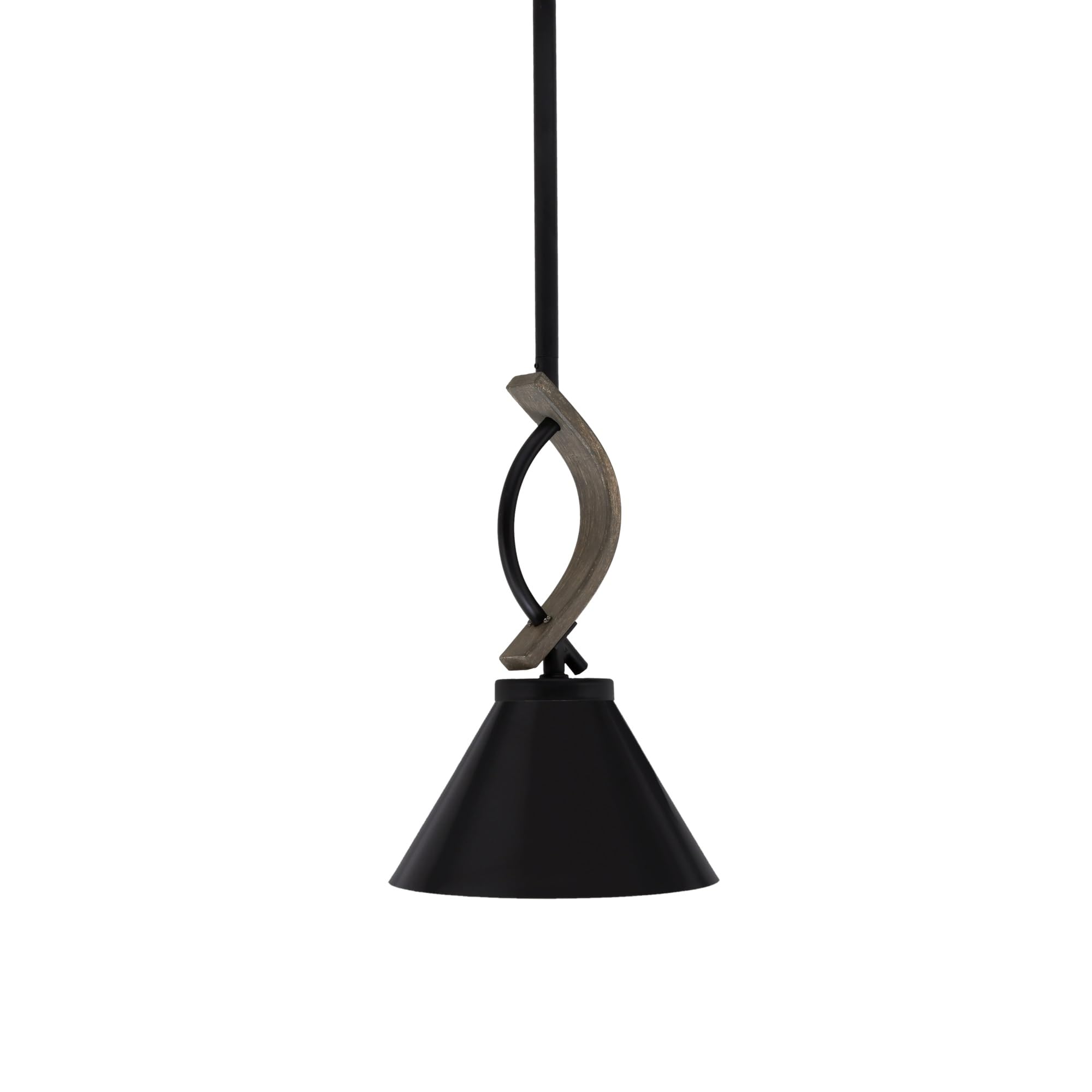 Toltec Lighting Monterey Stem Hung Mini Pendant, 7in Matte Black Cone Shade, Distressed Wood-Look Metal Finish