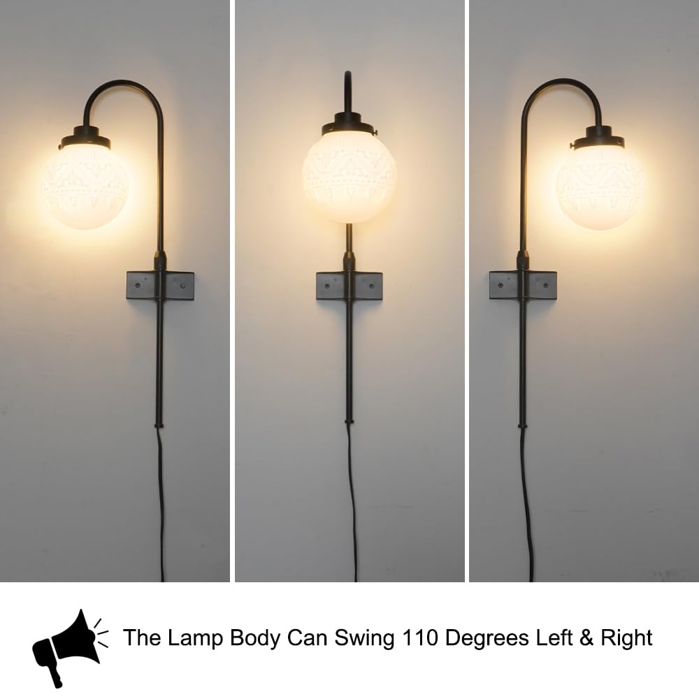 Daunton Plug in Wall Sconces Set of 2, Adjustable Metal Lights, Black and White Glass, Model 241022