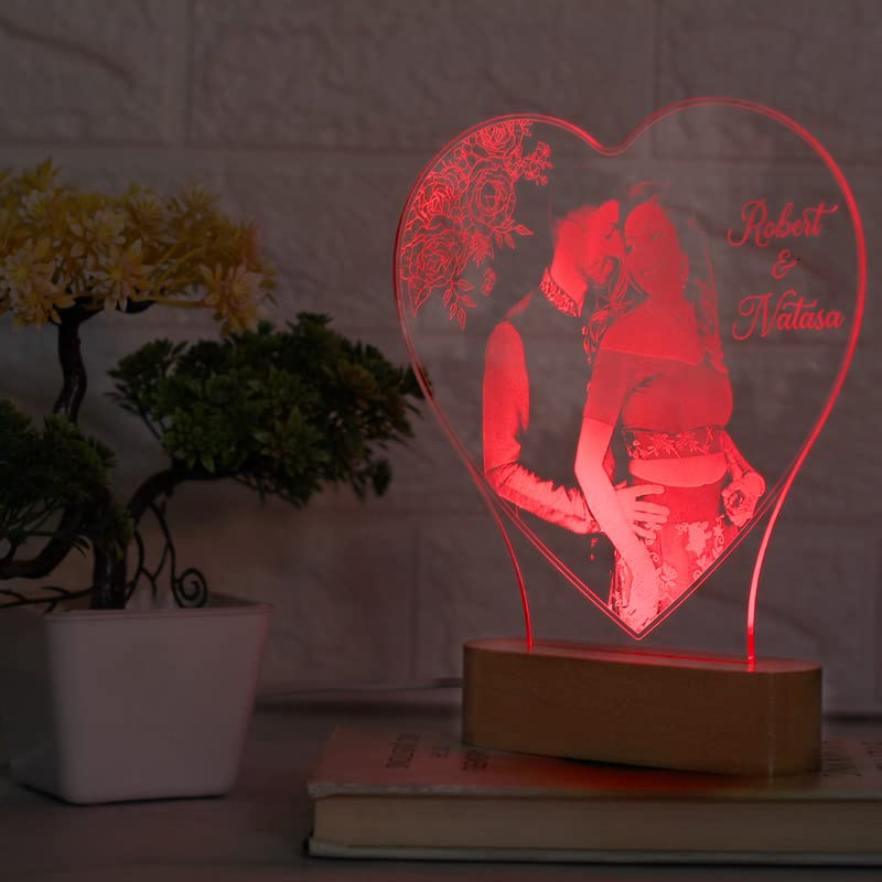 Artistic Gifts Acrylic Personalized Heart Shape 3D Illusion Photo Lamp For Couples|Photo Frame With Customized Photo,Name And Da