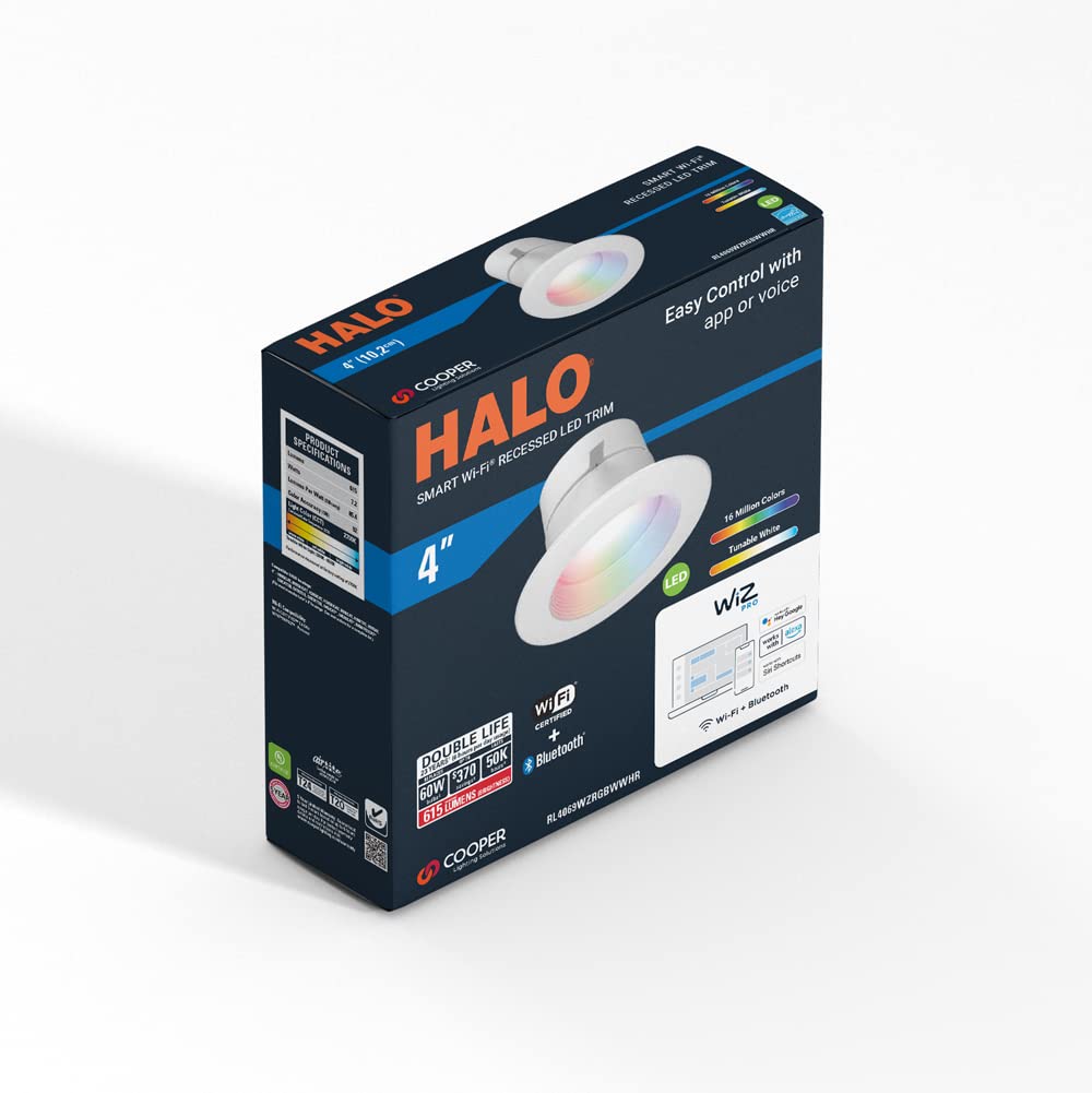 Halo 4 Inch Color And Tunable White Recessed Led Can Light -Smart Wi-Fi Wiz Pro Ceiling & Shower Retrofit Downlight 65W Equivale