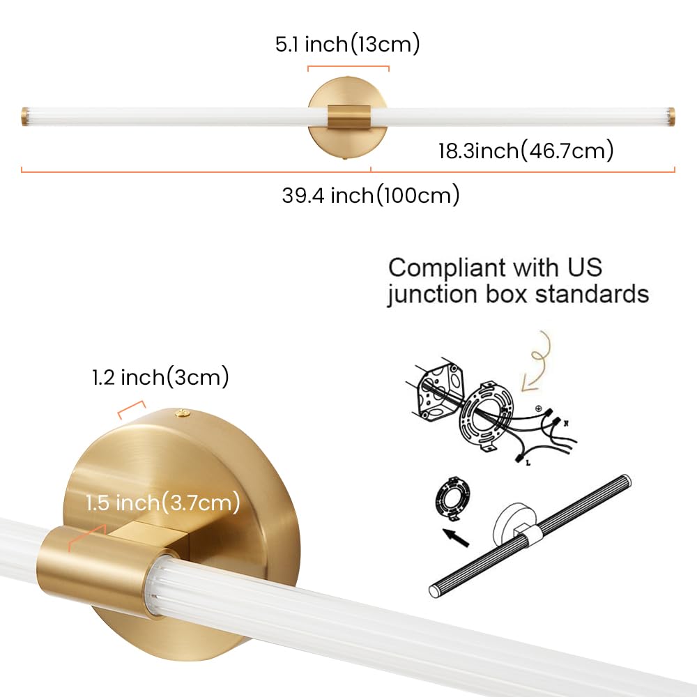Gednbo Dimmable LED Bathroom Vanity Light Fixture, 39 inch, Gold, Metal, Model 1738, Modern Wall Sconce for Bathroom, Bedroom, Living Room