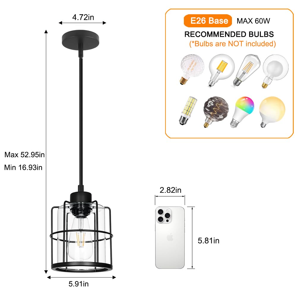 DSMJFU Farmhouse Pendant Lights Set of 2, Black Metal with Clear Glass, Adjustable Rods, Industrial Style for Kitchen Island and Bathroom