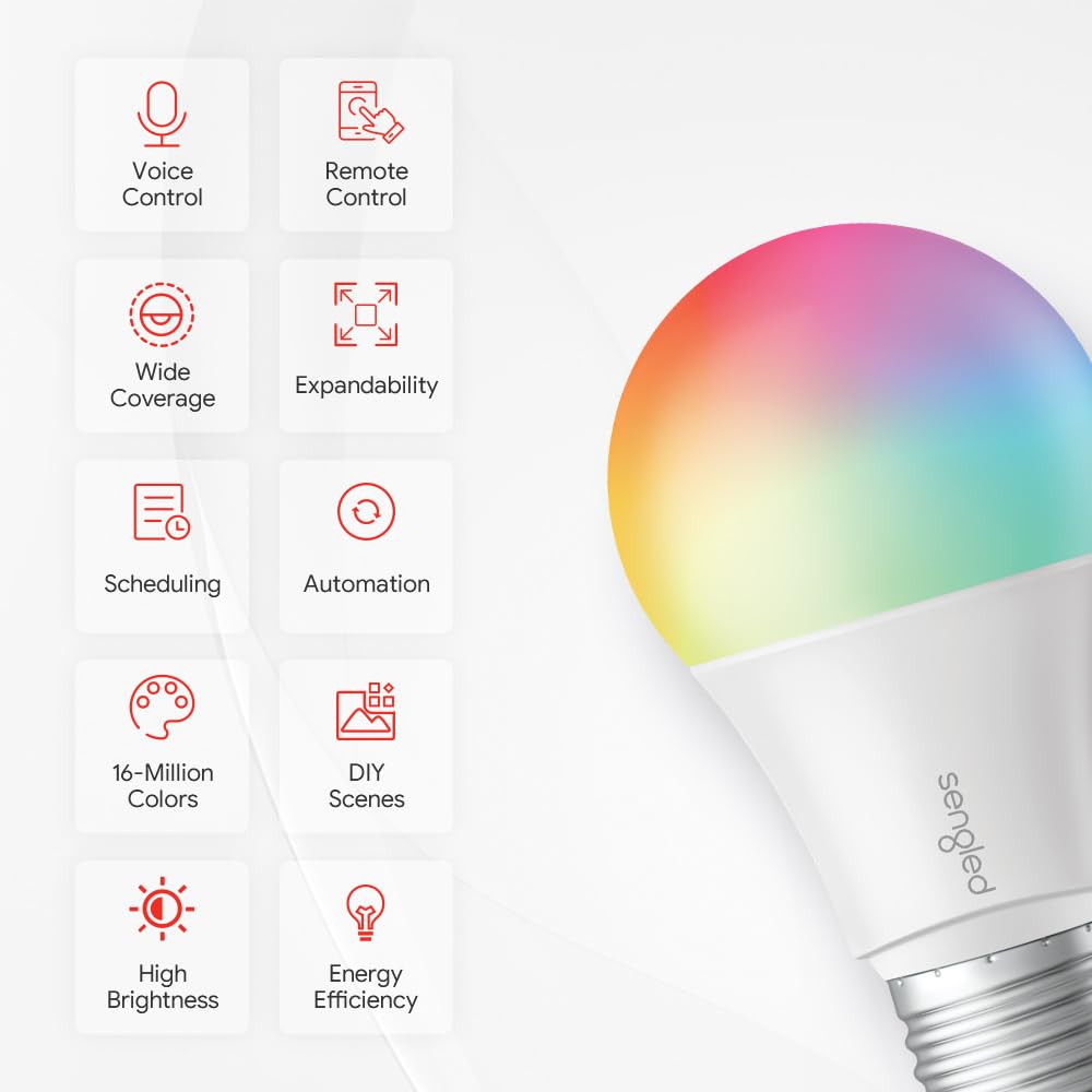 Sengled Smart Light Bulb, Zigbee Compatible, 60W Equivalent, 4 Count, Full Color, Model E11-N1EAW6P_VC