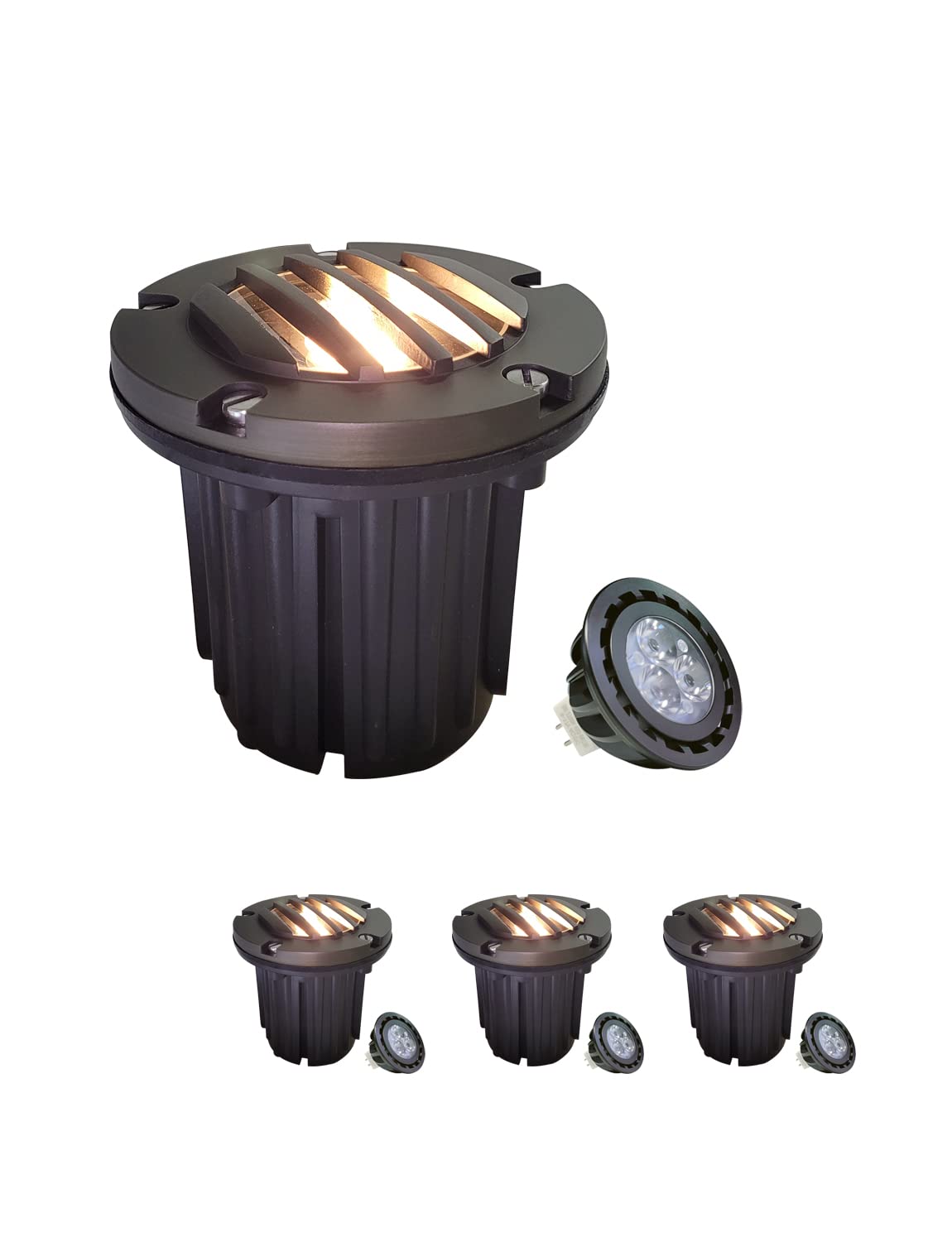 MALORY Brass Top Cover Landscape Well Lights (5H 12V Low Voltage Outdoor In Ground Lights Landscape Lighting for Pathway  Driveway and Garden (Three-Direction Turret  4-Pack with Bulb)