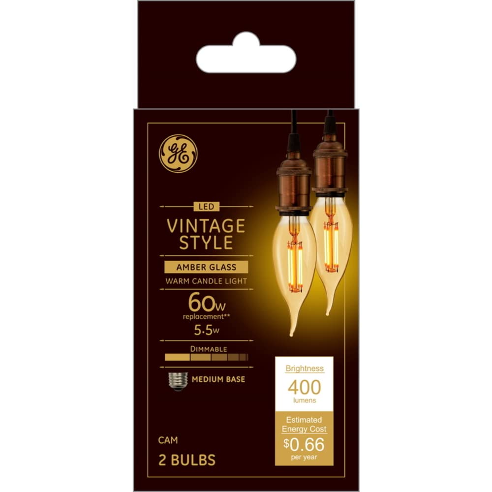 GE VintaStyle LED Light Bulbs, Dimmable 5.5W (60W Equivalent), Amber Glass, 2 Pack