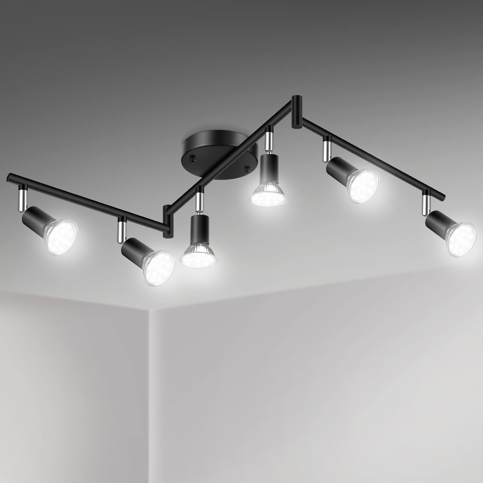 Unicozin LED 6-Light Track Lighting Kit - Black, 6-Way Ceiling Spot Lights with Flexibly Rotatable Heads, Includes 6 x LED GU10 