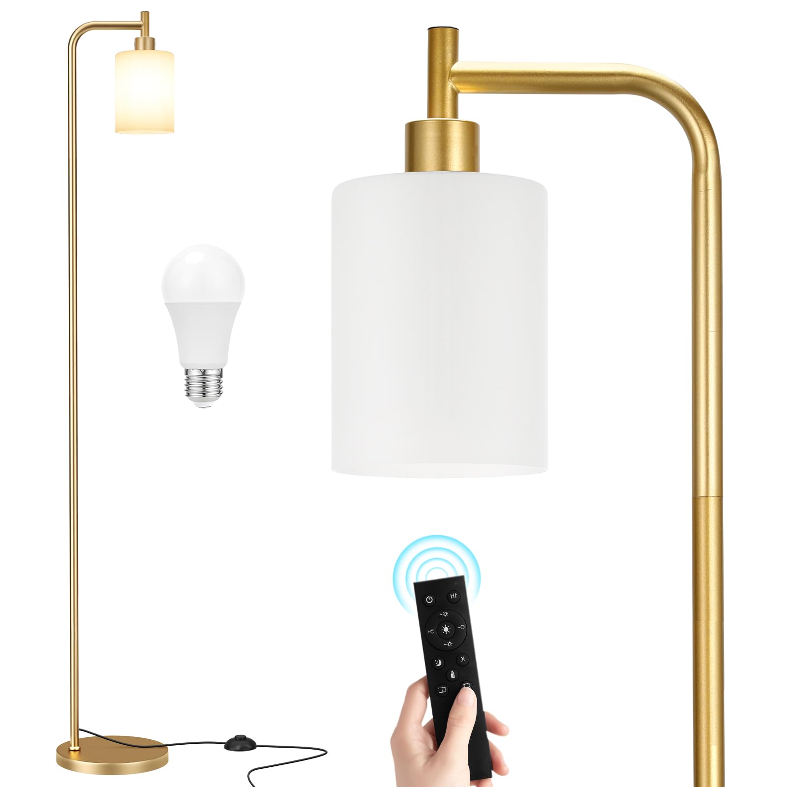 Ziisee Floor Lamps for Living Room - Industrial Standing Lamp with Remote Control Glass Shade, Modern Gold Floor Lamp with LED Bulbs, Tall Lamp for Bedroom Office - Gold