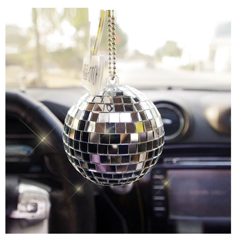 Disco Ball Car Accessory, Mirror Disco Ball Hanging,Car Mirror Disco Ball,Disco Ball Car, Rear View Mirror Hanging Accessories (Silver(2.3Inch))