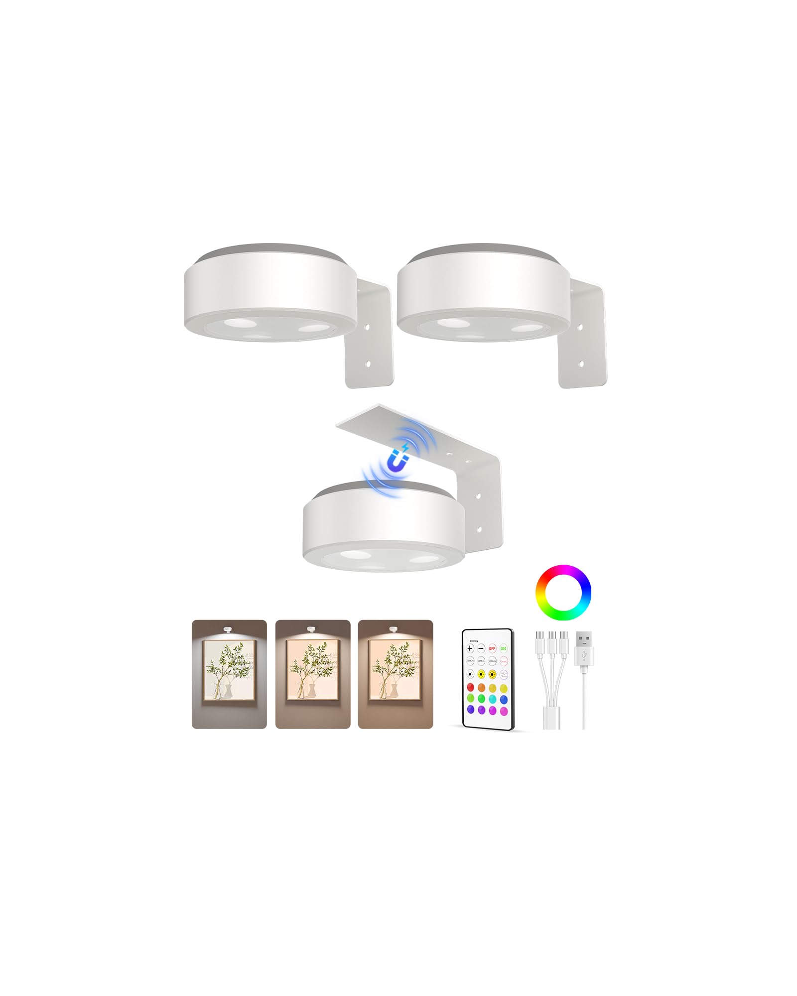 EZVALO Picture Lights - 2000mAh Magnetic Wall Art Light, 3 Color Temps, Dimmable, 3 Pack, White, Model LT-01