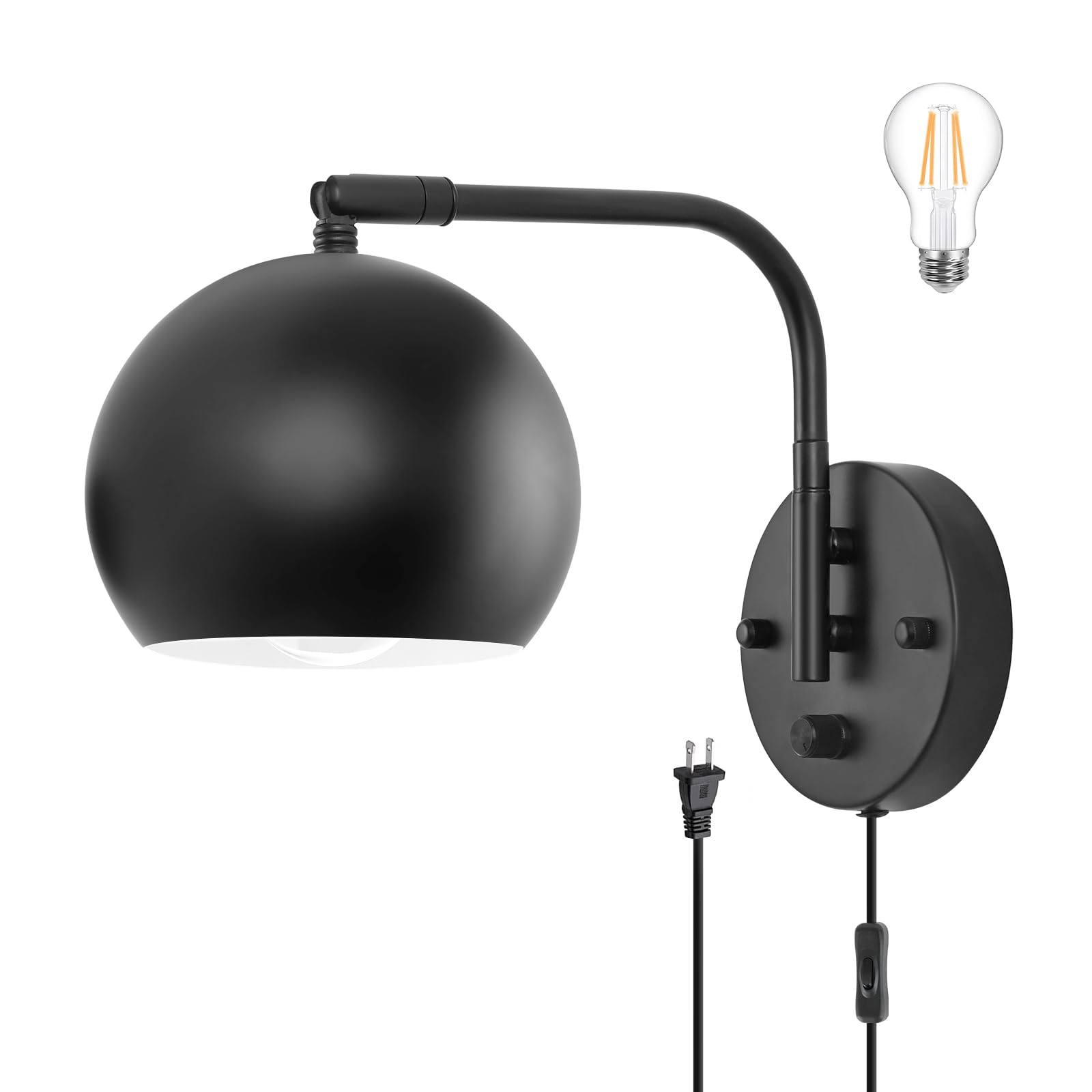 Vatoni Plug In Wall Sconces, Dimmable Wall Sconce Swing Arm Wall Lights With Plug In Cord And Dimmer On/Off Knob Switch, Black G
