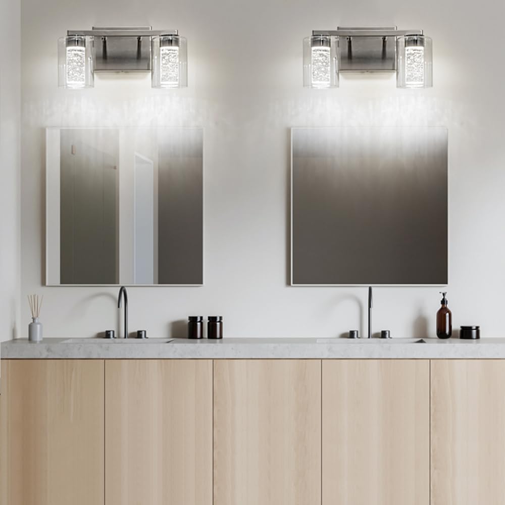 Sinerise 2-Light Brushed Nickel Vanity Light With 3 Color Modes (3000K/4000K/6000K), Eye Protection Led Bathroom Light Fixture,